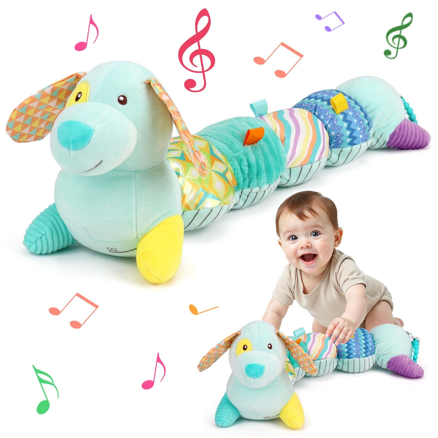 Baby Tummy Time Toys 0-6 Months Musical Stuffed Animal Plush Dog Toys for Infant 0-3-6 Months Newborn Baby Sensory Toy with Crinkle Rattle for 6-12 Month Old Boys Girls Christmas Birthday Shower Gifts