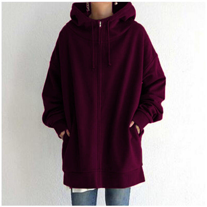 Oversized S-5XL Women Loose Hooded Coats Autumn Female Tie Collar Long Sleeve Zipper Up Add Velvet Long Sweatshirt
