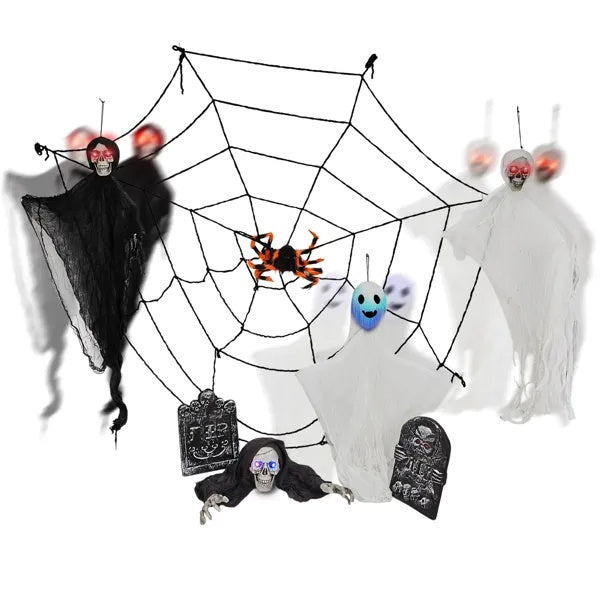 Outdoor Halloween Decorations 8-Piece Set, Hanging Ghosts Decor And Cobweb And Gravestone With Lighted Up Eyes, Scary Swinging Ghost Flying For Yard Patio Lawn Garden