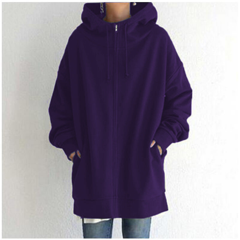 Oversized S-5XL Women Loose Hooded Coats Autumn Female Tie Collar Long Sleeve Zipper Up Add Velvet Long Sweatshirt