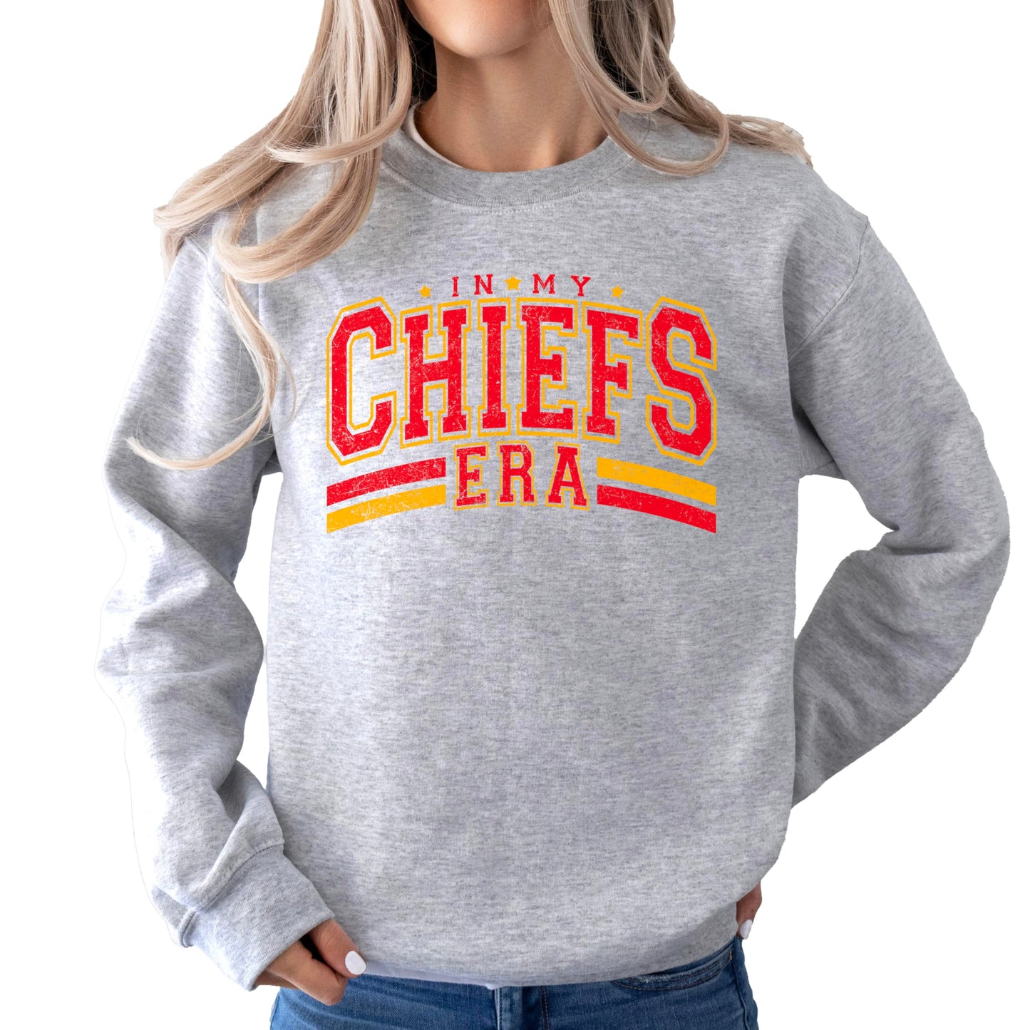 Olive Loves Apple Distressed In My Chiefs Era Sweatshirt School Spirit Apparel for Kids & Adults Gray Sweatshirt Adult Small