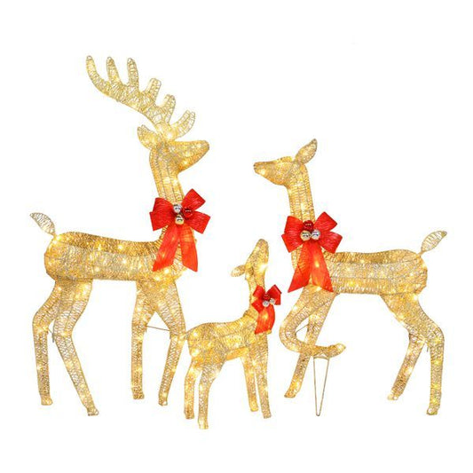 3pcs 54x38x122cm 30.00V 3.60W Family Elk Golden Iron Frame Cotton Thread Green Onion Powder Courtyard Elk Christmas Decoration