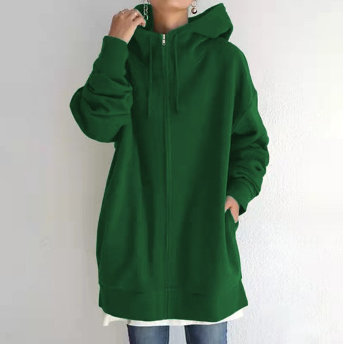 Oversized S-5XL Women Loose Hooded Coats Autumn Female Tie Collar Long Sleeve Zipper Up Add Velvet Long Sweatshirt