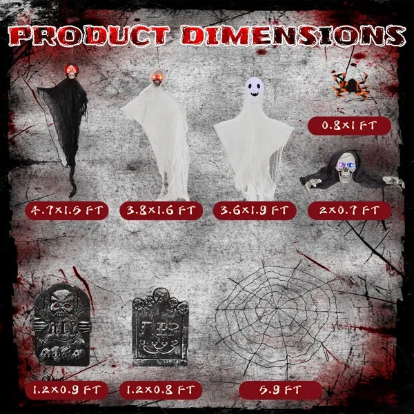 Outdoor Halloween Decorations 8-Piece Set, Hanging Ghosts Decor And Cobweb And Gravestone With Lighted Up Eyes, Scary Swinging Ghost Flying For Yard Patio Lawn Garden