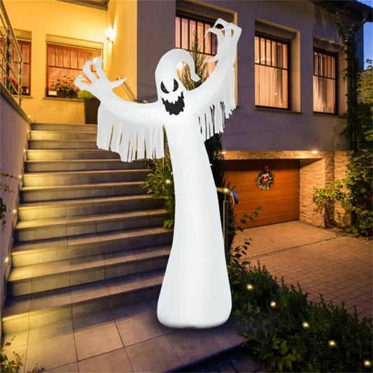 Spooky Halloween Inflatable Ghost - 12 Ft Tall With LED Lights, Waterproof Fabric, Spikes Ropes For Stability, White
