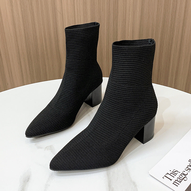 Pointed Toe Chunky Heel Knitted Short Boots for Women
