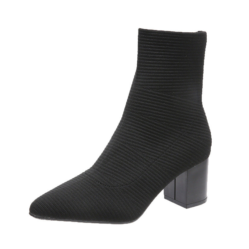 Pointed Toe Chunky Heel Knitted Short Boots for Women