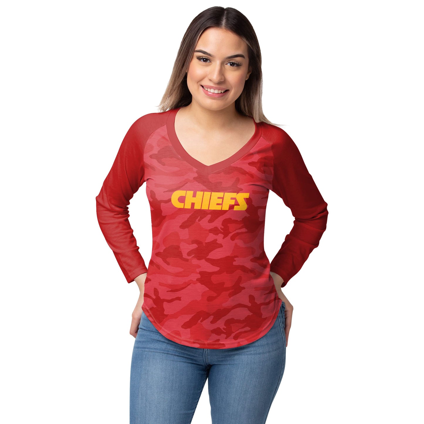 FOCO Kansas City Chiefs NFL Womens Wordmark Tonal Camo Raglan T-Shirt Medium