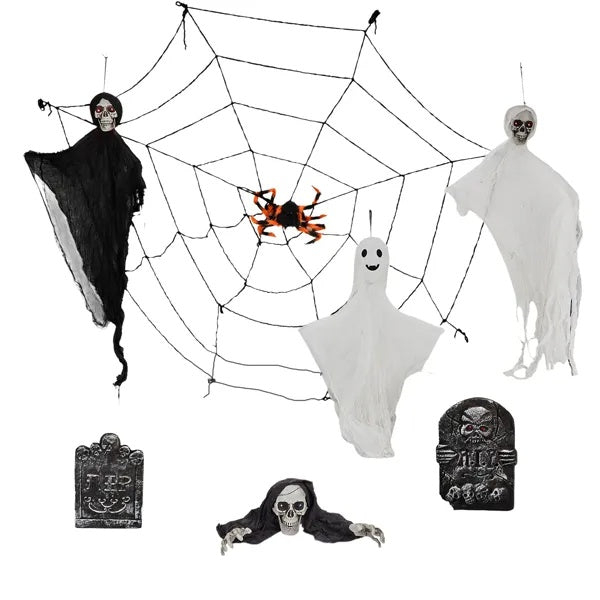 Outdoor Halloween Decorations 8-Piece Set, Hanging Ghosts Decor And Cobweb And Gravestone With Lighted Up Eyes, Scary Swinging Ghost Flying For Yard Patio Lawn Garden
