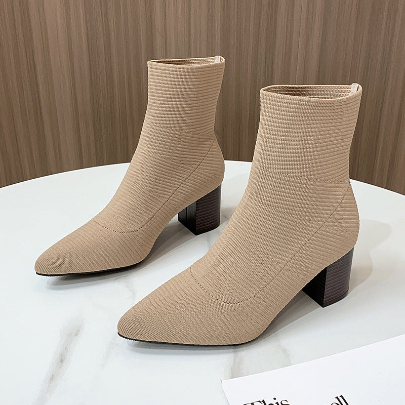 Pointed Toe Chunky Heel Knitted Short Boots for Women