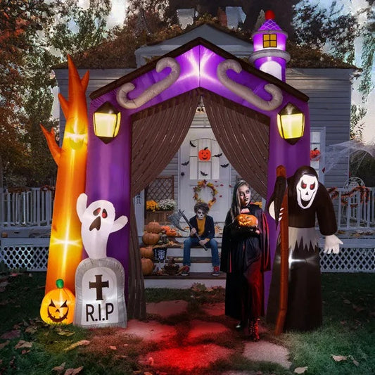 9.8 FT Halloween Inflatables Haunted House Castle Archway Outdoor Decorations, Scary Halloween Giant Grim Reaper Blow Up Ghost Decorations For Holiday Party Front Yard Lawn Garden Decor