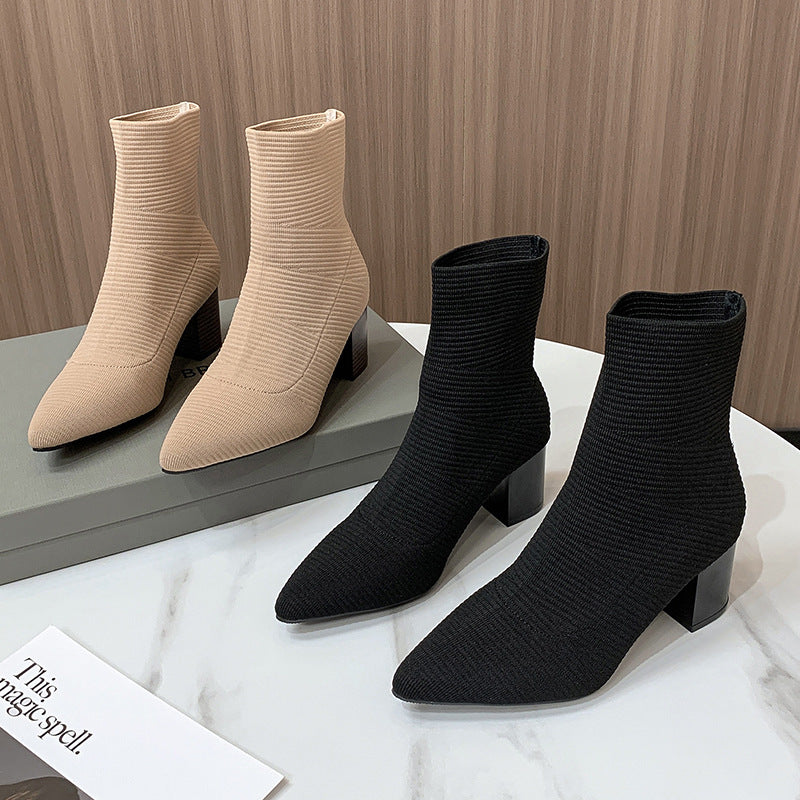 Pointed Toe Chunky Heel Knitted Short Boots for Women